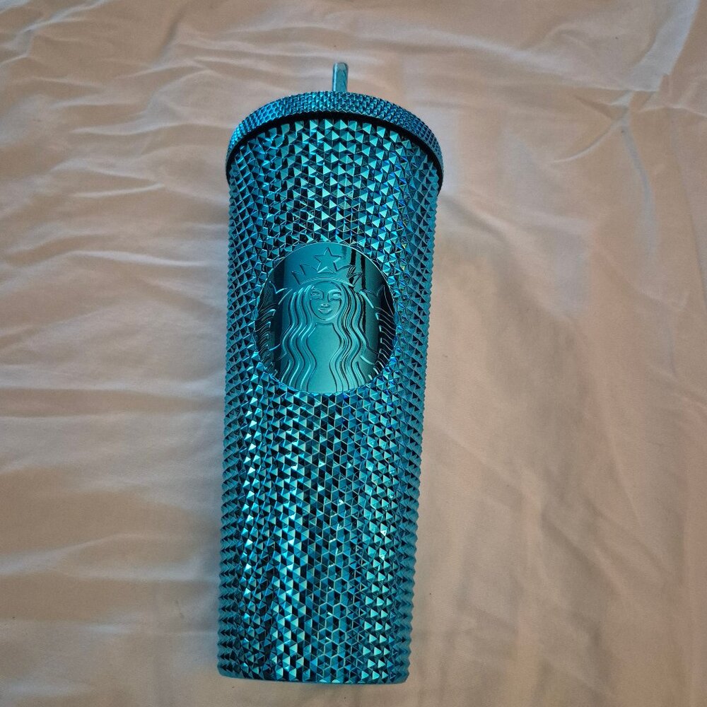 Starbucks 2023 Blue Chrome Studded Venti 24oz Tumbler with Straw. NEW
